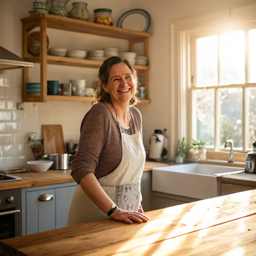 A smiling woman in a kitchen
