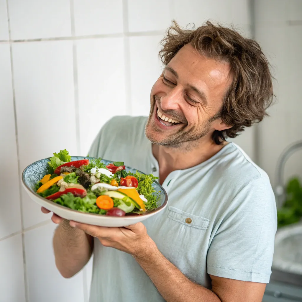 Happy man holding a plate of salad